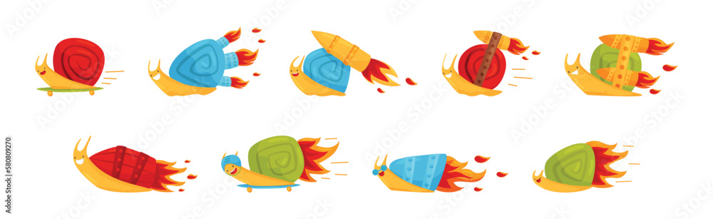 Poster fast snail with spiral shell having rocket turbine or speed booster vector set