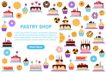 Pastry shop background with text space and button. Colorful baked tasty treat design. Dessert elements donut cake cupcake for cafe restaurant breakfast menu internet web page flat vector illustration.