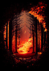 Fototapeta premium Fire in the forest: a flaming element among the trees. AI Generated