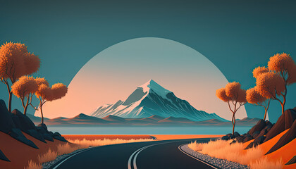 Vivid Illustrative Road with Mountain Background created with Generative AI Tools