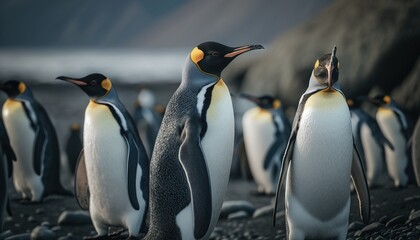 A group of Penguins next to each other in the Arctic. Animals together in the ice. Generative AI.