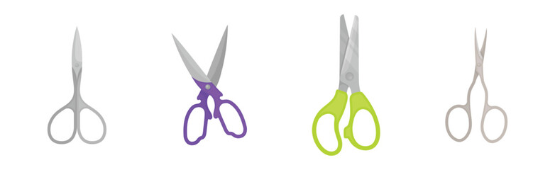 Scissors with Pair of Metal Blades as Hand-operated Shearing Tool Vector Set