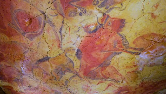 Paleolithic rock art in the Polychrome room in the Altamira Neocave. Santillana del Mar. Camino de Santiago. Cantabria. Spain. Europe