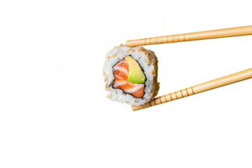 Salmon uramaki grabbed by wooden chopsticks with trasparent background