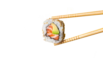 Selbstklebende Fototapeten Salmon uramaki grabbed by wooden chopsticks with trasparent background © MarcoDiStefano