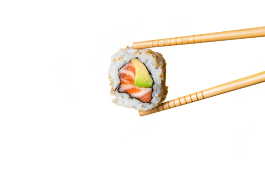 Salmon uramaki grabbed by wooden chopsticks with trasparent background