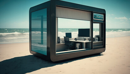 Modern creative office by the ocean. generative AI	
