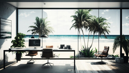 Modern creative office by the ocean. generative AI	
