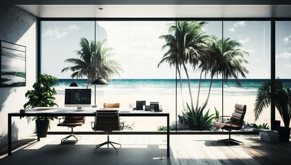 Modern creative office by the ocean. generative AI	
