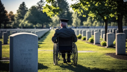 A military veteran in a wheelchair, at a military cemetery, honors the memory of fallen colleagues. generative AI	
 - obrazy, fototapety, plakaty