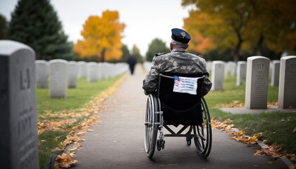 A military veteran in a wheelchair, at a military cemetery, honors the memory of fallen colleagues. generative AI	
