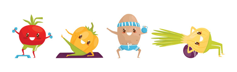 Funny Vegetables Doing Sport and Physical Exercise Vector Set