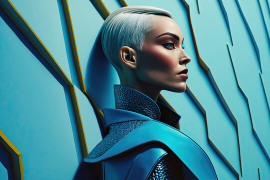 Generative AI illustration side view of young short haired female model in stylish outfit with big collar and makeup leaning on wall with geometric pattern
