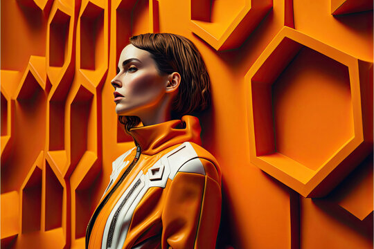Generative AI illustration side view of young emotionless female brown haired model in turtleneck zip up leather jacket leaning on orange wall with geometric elements
