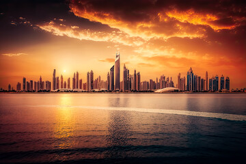Obraz na płótnie Canvas Dubai panorama skyline at dramatic sunset in Marina, United Arab Emirates. Travel, tourism, architecture, cityscape, skyscraper, urban, modern, contemporary, 