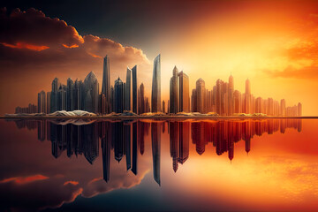 Fototapeta na wymiar Dubai panorama skyline at dramatic sunset in Marina, United Arab Emirates. Travel, tourism, architecture, cityscape, skyscraper, urban, modern, contemporary, 