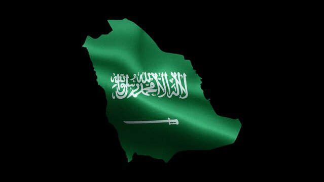 4K waving national flag of Saudi Arabia on the map. Loop alpha channel seamless Saudi Arabian flag on territory. Outline geographic country border of Saudi Arabia stock video.