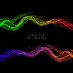 Abstract background of colored wavy wave lines on a black background