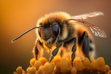 Close up image of a honey bee. Created with generative ai - obrazy, fototapety, plakaty