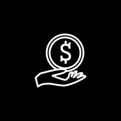 Saving money. Hand with coin isolated on black background.