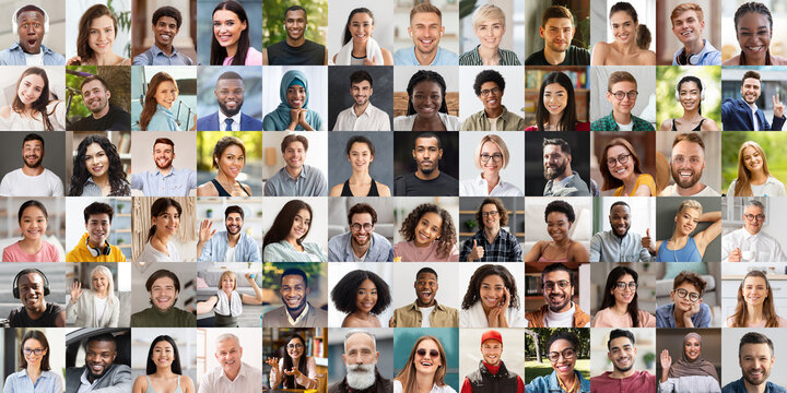 Happy multicultural people cheerfully smiling at camera, set of photos