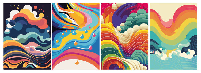 A set of backgrounds for text, landscape psychedelic hippie art, a frame of stylized waves. 