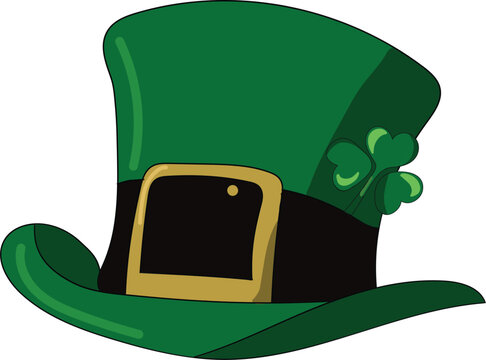 St. Patrick day card, Leprechaun green and black hat, clover.