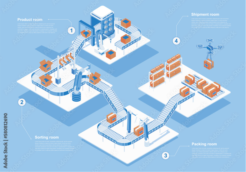 Leinwandbilder automated industry concept 3d isometric web people scene with infographic. robotic arms working in a