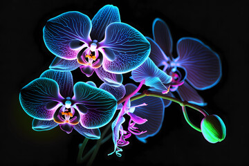 Fluorescent orchid. Neon glowing orchid. AI generation