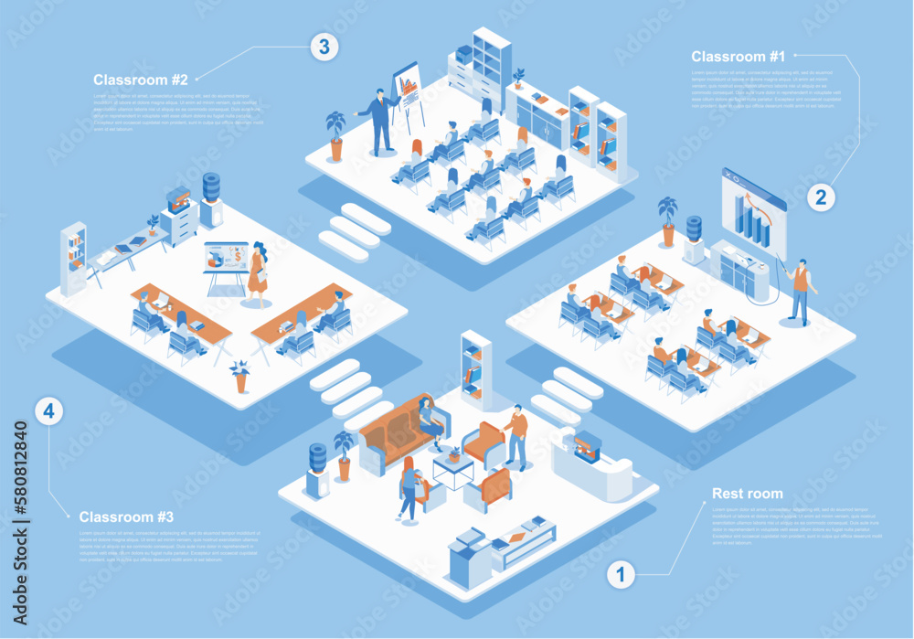 Poster business training concept 3d isometric web scene with infographic. people working in classrooms, tea