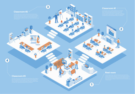 Business training concept 3d isometric web scene with infographic. People working in classrooms, team at meeting listening teacher in conference room. Vector illustration in isometry graphic design