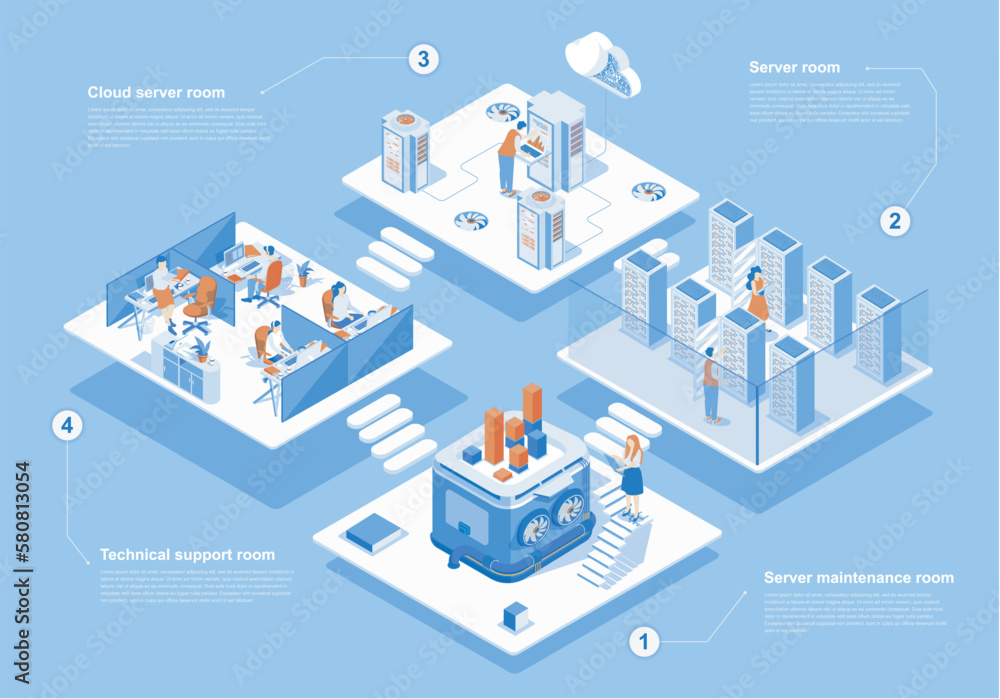 Aufkleber Data center concept 3d isometric web scene with infographic. People work in server maintenance and cloud processing hardware, technical support rooms. Vector illustration in isometry graphic design