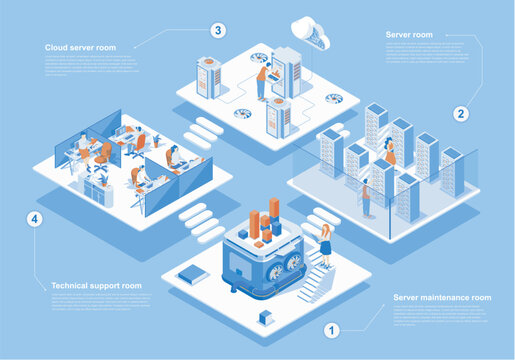 Data center concept 3d isometric web scene with infographic. People work in server maintenance and cloud processing hardware, technical support rooms. Vector illustration in isometry graphic design