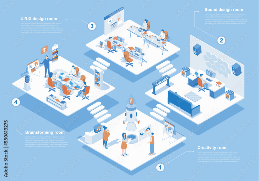 Poster designer studio concept 3d isometric web scene with infographic. people work at different creativity