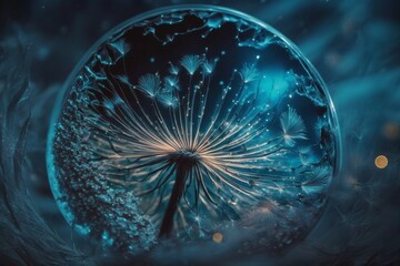 Dandelion Seeds in droplets of water on blue and turquoise. Generative AI