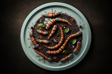 Worms on a plate as main food. Proteins, food, edible insects. Generative AI Technology