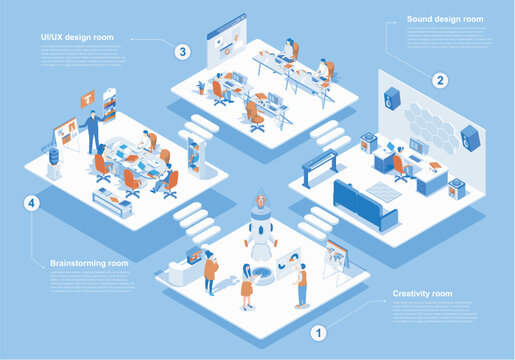 Designer studio concept 3d isometric web scene with infographic. People work at different creativity rooms, meeting and brainstorming at agency office. Vector illustration in isometry graphic design