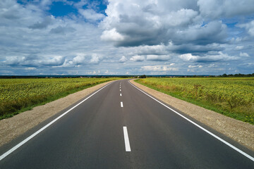 Aerial view of empty intercity road between green agricultural fields. Top view from drone of highway roadway