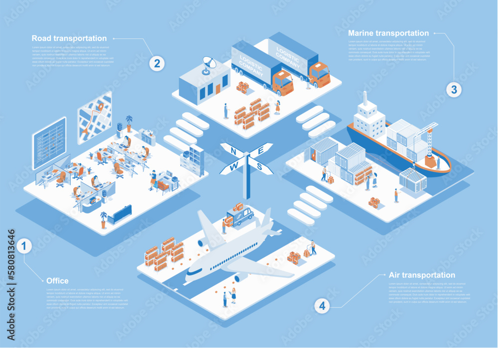 Poster logistic company concept 3d isometric web scene with infographic. people working in delivery office 