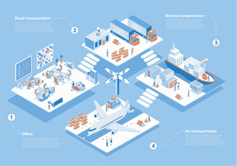 Logistic company concept 3d isometric web scene with infographic. People working in delivery office and provide road, marine and air transportations. Vector illustration in isometry graphic design
