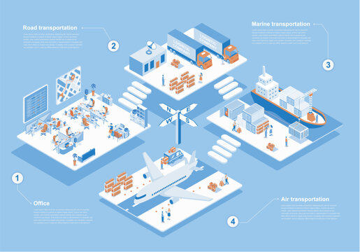 Logistic company concept 3d isometric web scene with infographic. People working in delivery office and provide road, marine and air transportations. Vector illustration in isometry graphic design