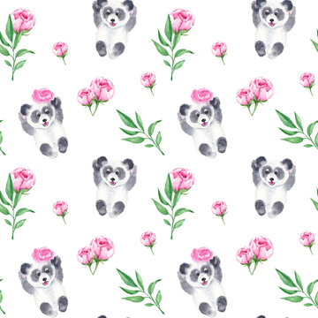 Seamless pattern with cute panda and peony flowers. Watercolor hand drawn illustration.