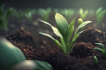 A close up of a group of plants growing in dirt, Generative AI