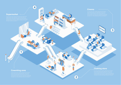 Shopping mall concept 3d isometric web scene with infographic. People buying at supermarket and clothing store, watch movie in cinema, work in coworking. Vector illustration in isometry graphic design