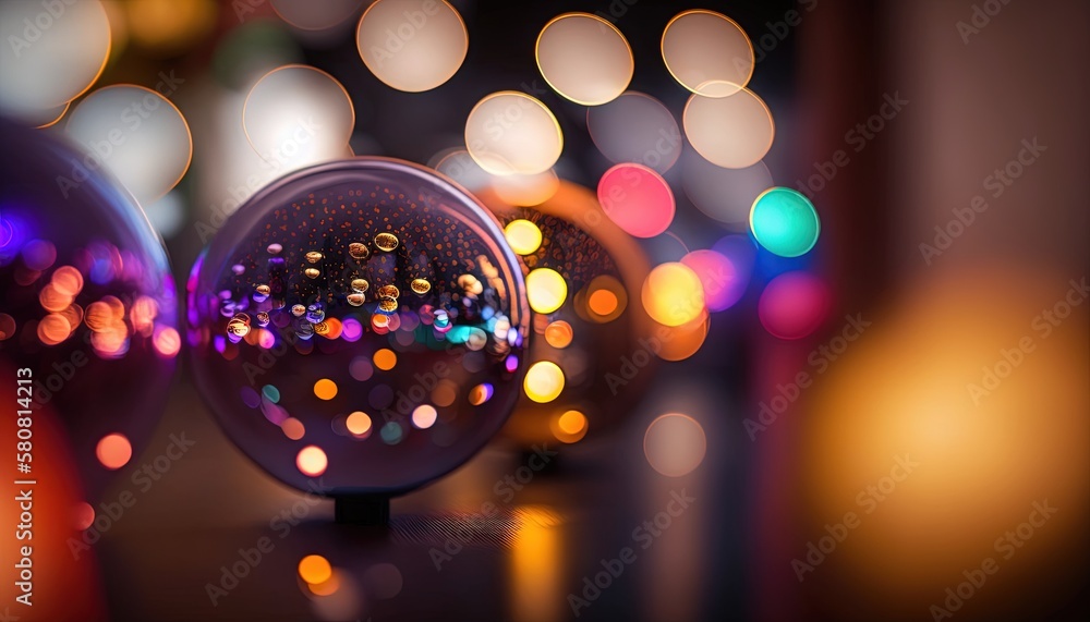 Poster a close up of a glass ball on a table with lights in the background and a blurry background of light