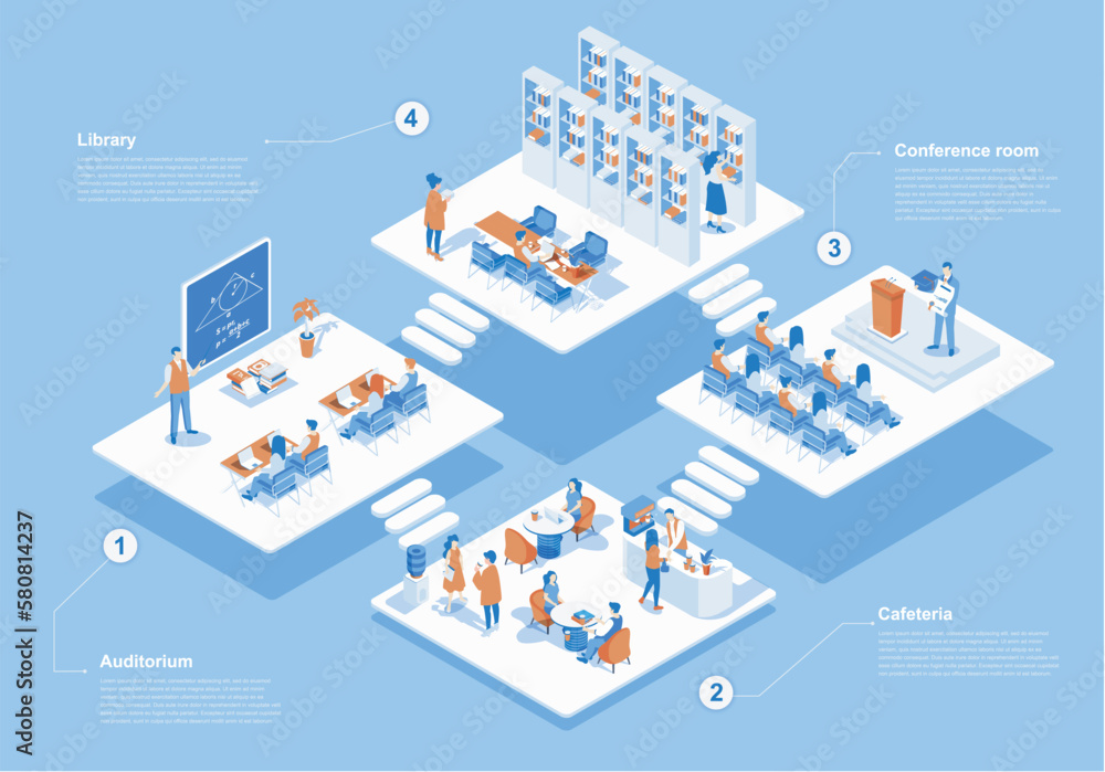 Poster University concept 3d isometric web scene with infographic. Students learning at auditorium and conference room, people sit in cafeteria and library. Vector illustration in isometry graphic design