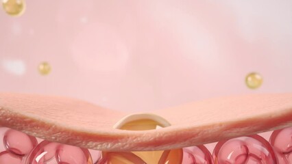 3D animation and rendering gold vitamin collagen drop to skin and cell refresh anti aging smooth,bright and beauty in cosmetic and laboratory conceptual design.
