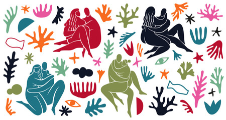 Matisse style plants elements. Hugging couples in intimate poses, minimalistic people with hand drawn botanical forms, smooth primitive shapes, flowers and human bodies tidy vector set