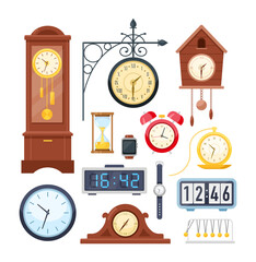 Clocks and hand watches. Vector icon set of mechanical and electronic clocks, antique pendulum watch, hourglass, alarm, kitchen timer, wrist watch and digital smart clock. Devices to indicate time