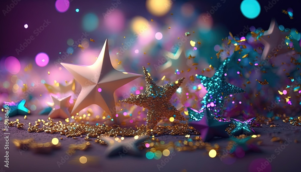 Poster a bunch of stars that are next to each other on a table with lights in the background and a blurry i